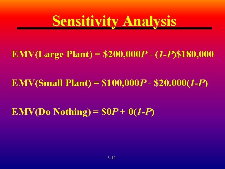 Sensitivity Analysis EMV(Large Plant) = $200, 000 P - (1 -P)$180, 000 1 -P