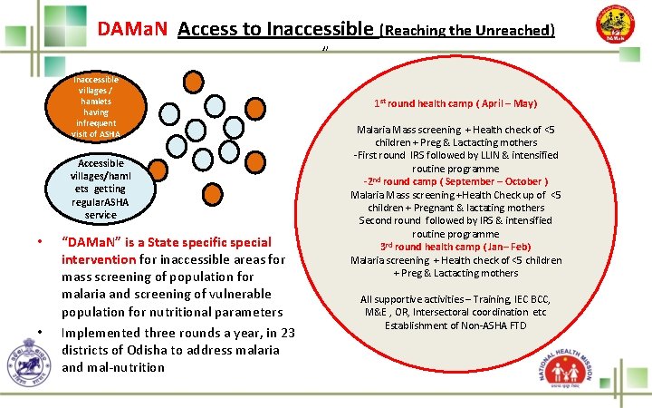 DAMa. N Access to Inaccessible (Reaching the Unreached) ” Inaccessible villages / hamlets having