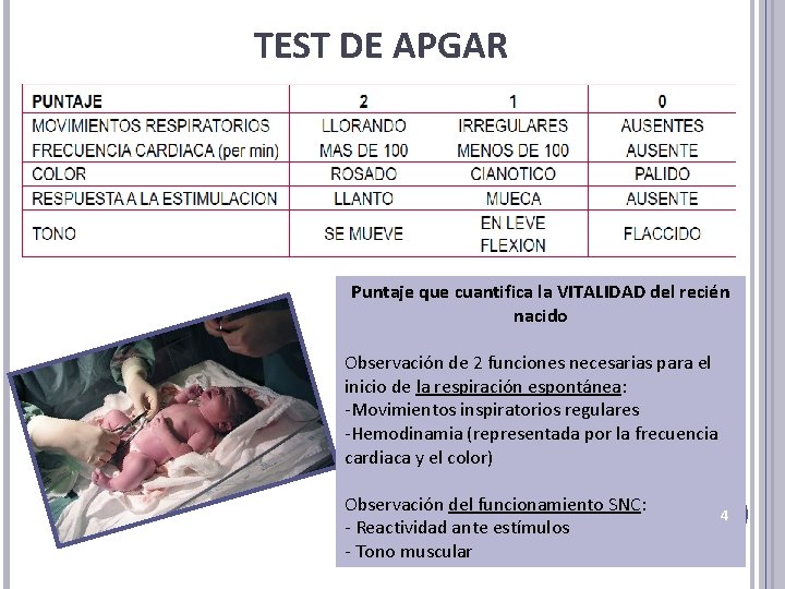 TEST DE APGAR Puntaje que cuantifica la VITALIDAD del recién nacido Observación de 2