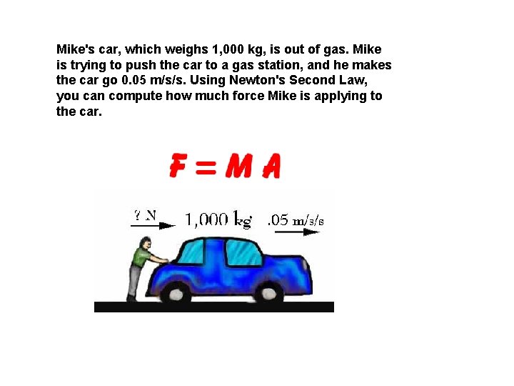 Mike's car, which weighs 1, 000 kg, is out of gas. Mike is trying