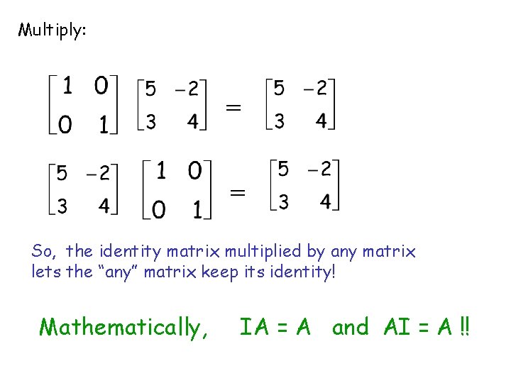 Multiply: = = So, the identity matrix multiplied by any matrix lets the “any”