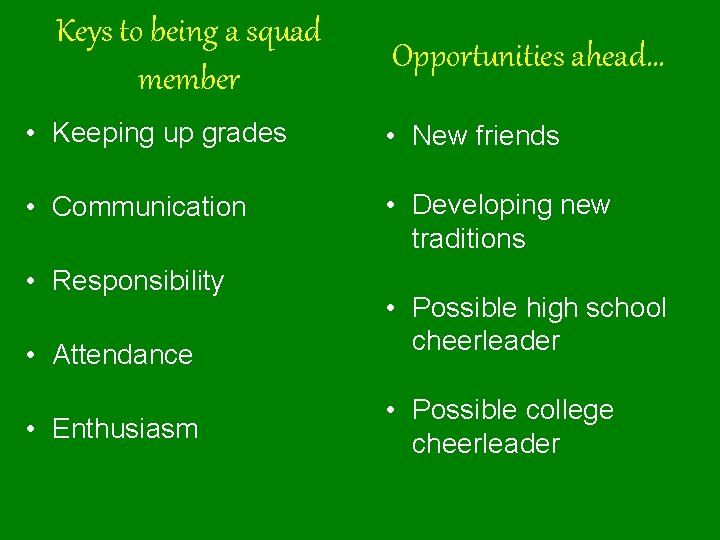 Keys to being a squad member Opportunities ahead… • Keeping up grades • New