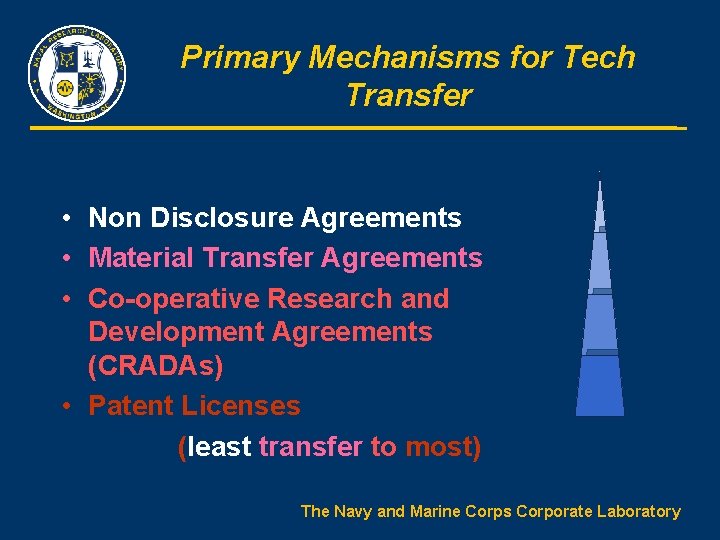 Primary Mechanisms for Tech Transfer • Non Disclosure Agreements • Material Transfer Agreements •