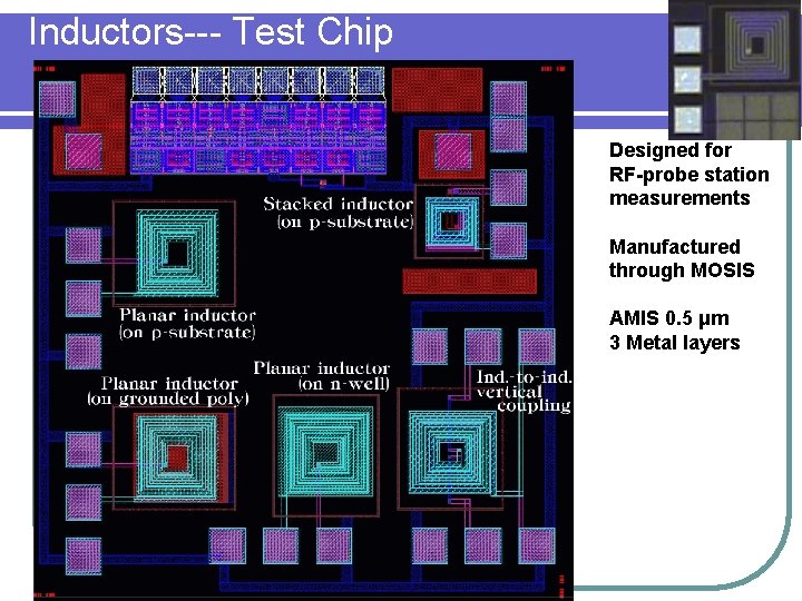 Inductors--- Test Chip Designed for RF-probe station measurements Manufactured through MOSIS AMIS 0. 5