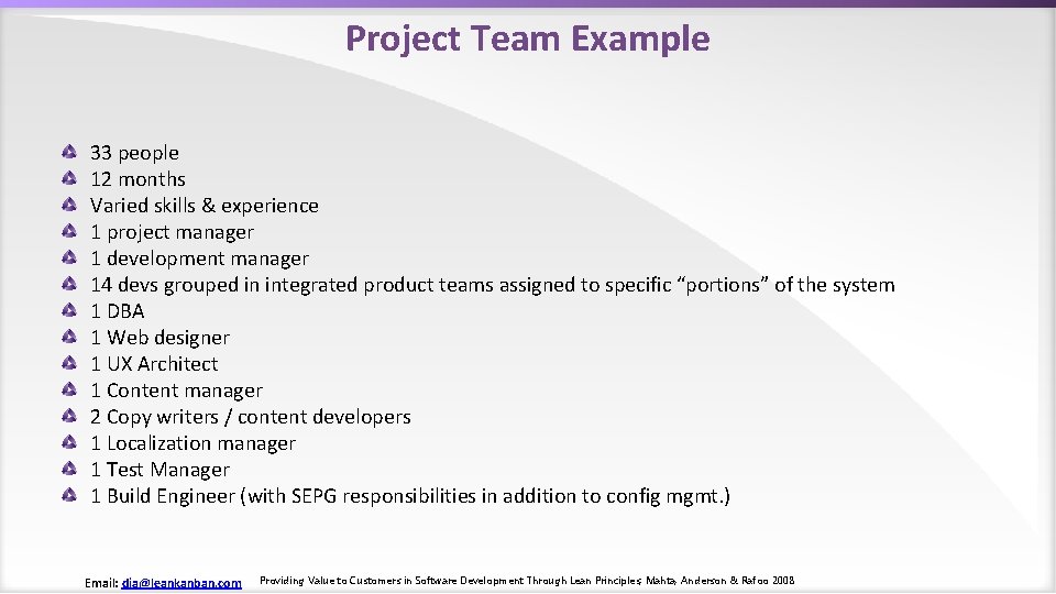 Project Team Example 33 people 12 months Varied skills & experience 1 project manager