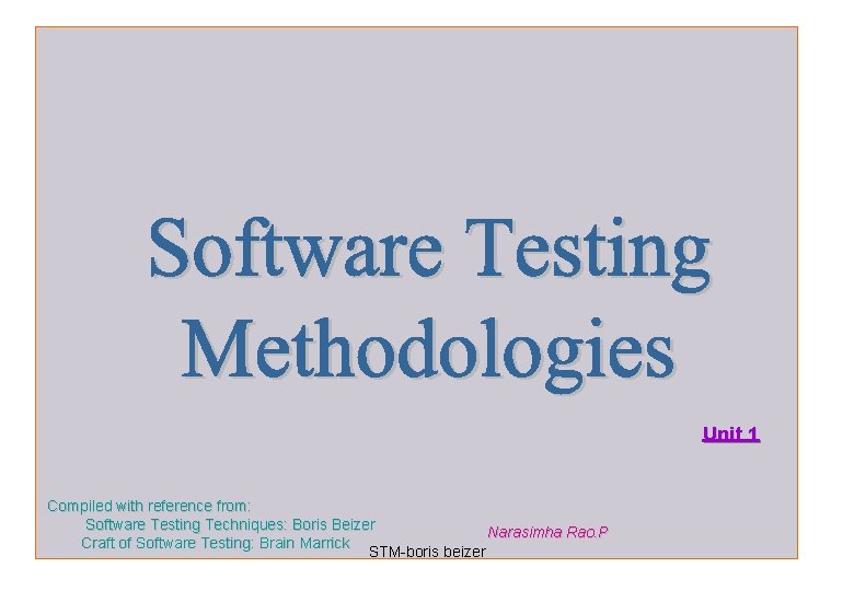 Unit 1 Compiled with reference from: Software Testing Techniques: Boris Beizer Narasimha Rao. P