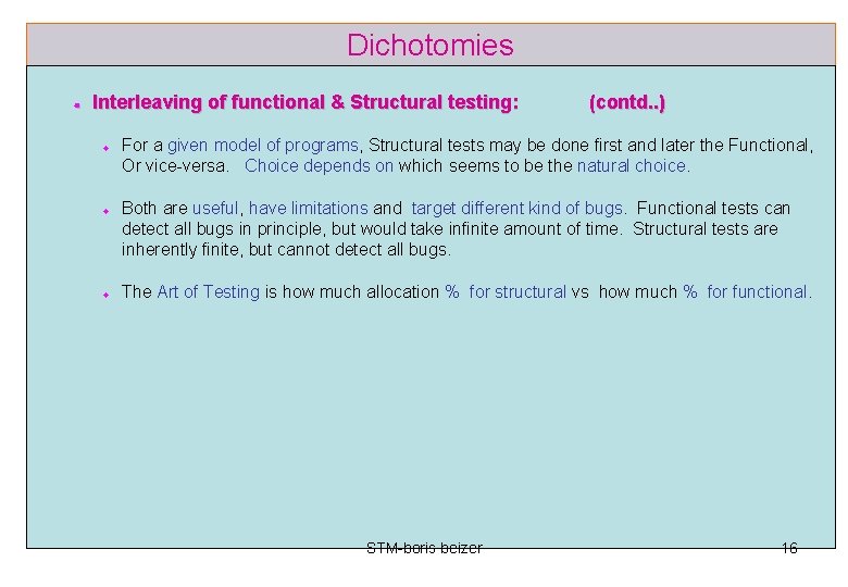 Dichotomies Interleaving of functional & Structural testing: (contd. . ) For a given model