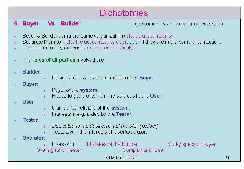 Dichotomies 6. Buyer Vs Builder (customer vs developer organization) Buyer & Builder being the