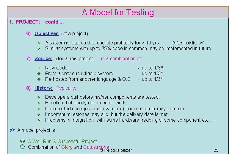 A Model for Testing 1. PROJECT: contd … 6) Objectives: Objectives (of a project)