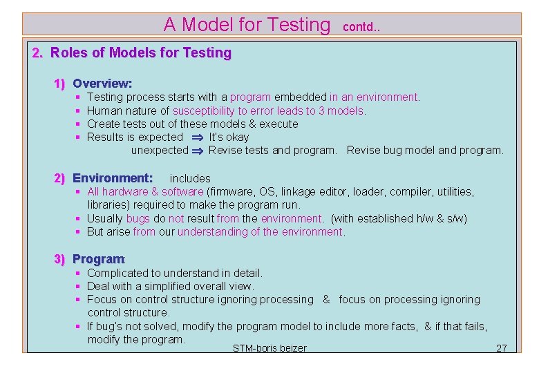 A Model for Testing contd. . 2. Roles of Models for Testing 1) Overview: