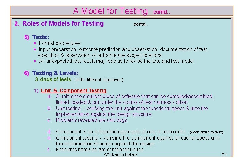 A Model for Testing 2. Roles of Models for Testing contd. . 5) Tests: