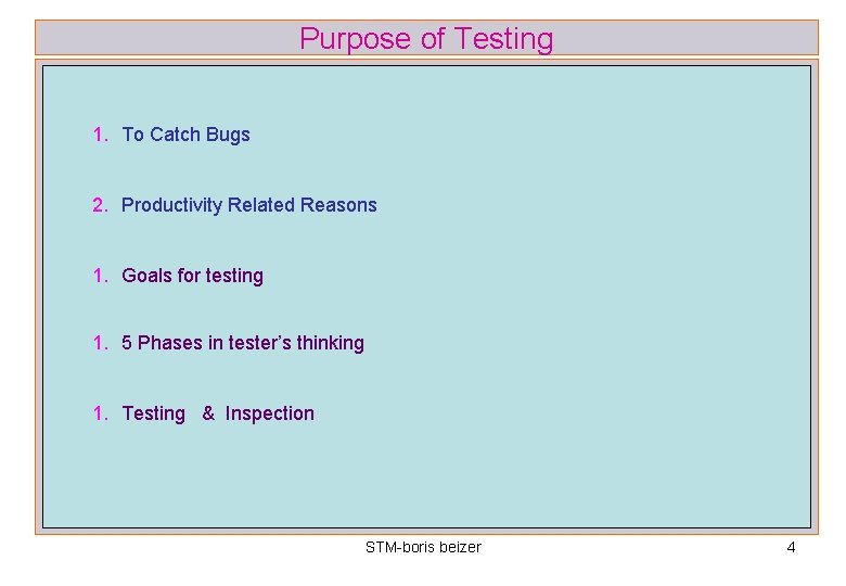 Purpose of Testing 1. To Catch Bugs 2. Productivity Related Reasons 1. Goals for