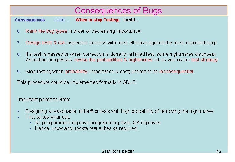 Consequences of Bugs Consequences contd … When to stop Testing contd. . 6. Rank