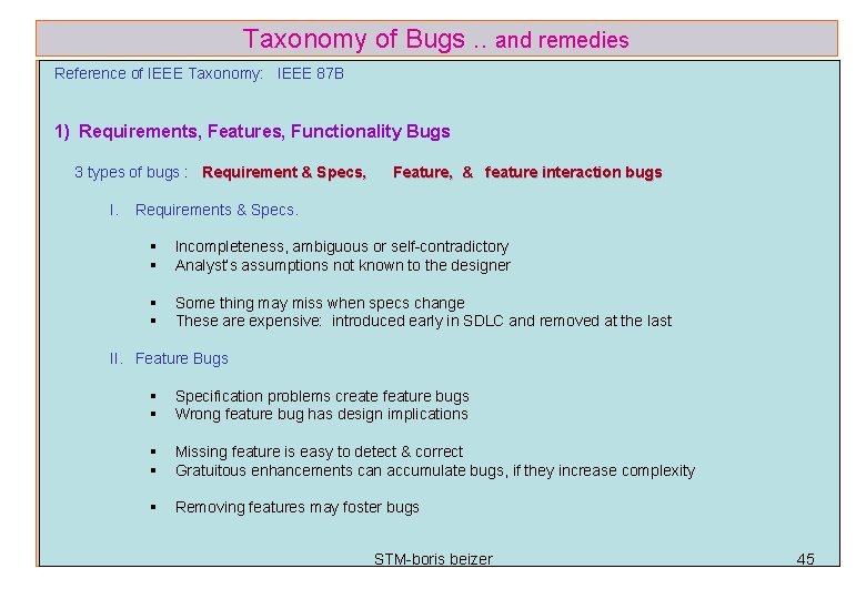 Taxonomy of Bugs. . and remedies Reference of IEEE Taxonomy: IEEE 87 B 1)