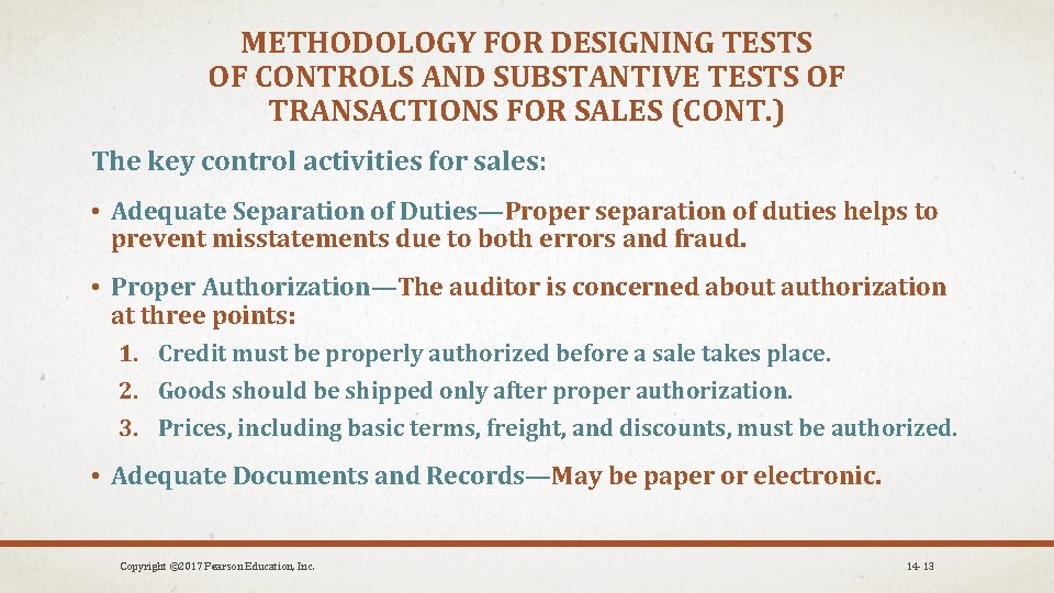 METHODOLOGY FOR DESIGNING TESTS OF CONTROLS AND SUBSTANTIVE TESTS OF TRANSACTIONS FOR SALES (CONT.