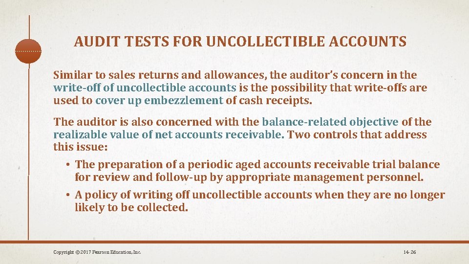 AUDIT TESTS FOR UNCOLLECTIBLE ACCOUNTS Similar to sales returns and allowances, the auditor’s concern