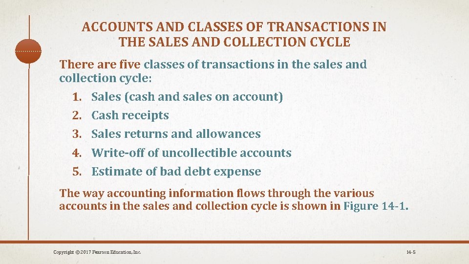 ACCOUNTS AND CLASSES OF TRANSACTIONS IN THE SALES AND COLLECTION CYCLE There are five