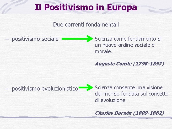 Il Positivismo in Europa Due correnti fondamentali — positivismo sociale Scienza come fondamento di