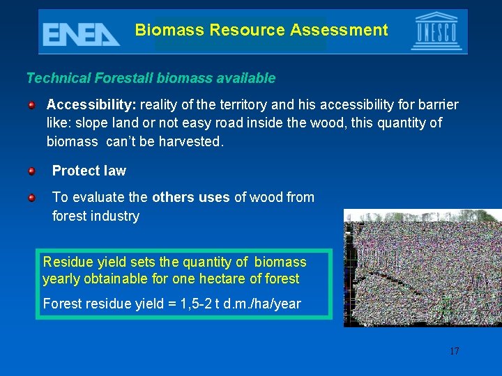 Biomass Resource Assessment Technical Forestall biomass available Accessibility: reality of the territory and his
