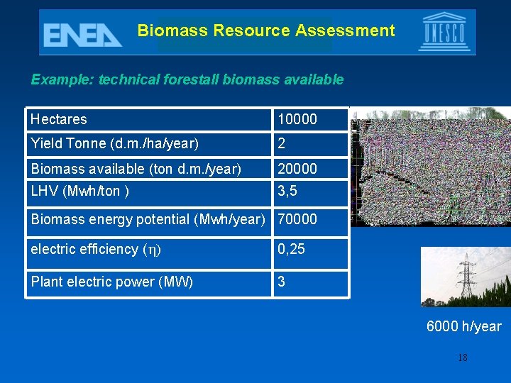 Biomass Resource Assessment Example: technical forestall biomass available Hectares 10000 Yield Tonne (d. m.