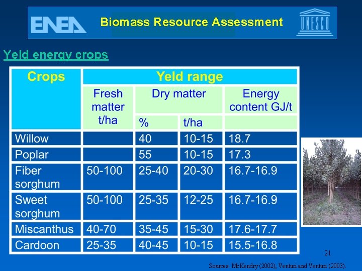 Biomass Resource Assessment Yeld energy crops 21 Sources: Mc. Kendry (2002), Venturi and Venturi