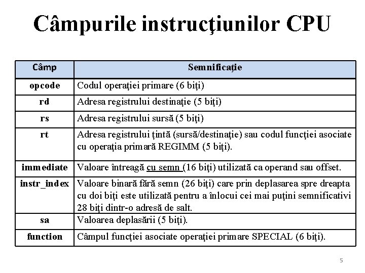 Câmpurile instrucţiunilor CPU Câmp opcode Semnificaţie Codul operaţiei primare (6 biţi) rd Adresa registrului