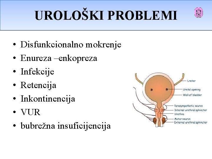 UROLOŠKI PROBLEMI Urološki problemi • • Disfunkcionalno mokrenje Enureza –enkopreza Infekcije Retencija Inkontinencija VUR UROLOŠKI PROBLEMI Urološki problemi • • Disfunkcionalno mokrenje Enureza –enkopreza Infekcije Retencija Inkontinencija VUR
