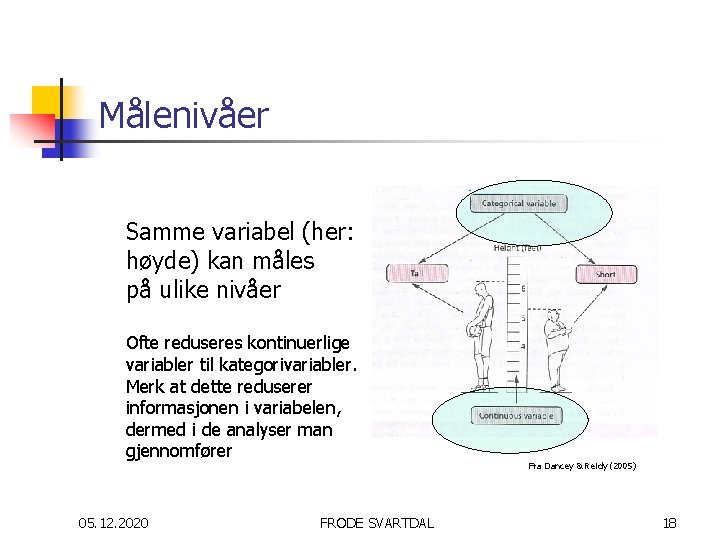 Målenivåer Samme variabel (her: høyde) kan måles på ulike nivåer Ofte reduseres kontinuerlige variabler