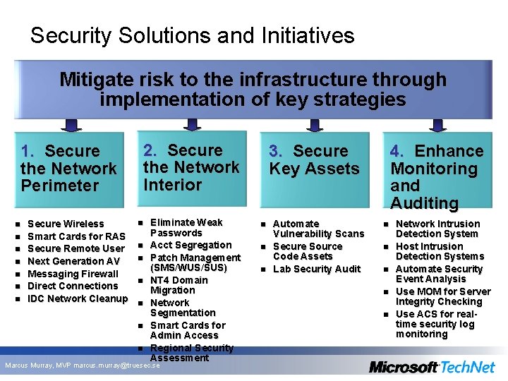 Security Solutions and Initiatives Mitigate risk to the infrastructure through implementation of key strategies Security Solutions and Initiatives Mitigate risk to the infrastructure through implementation of key strategies