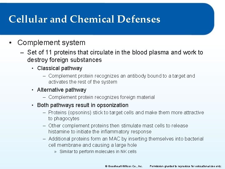 Cellular and Chemical Defenses • Complement system – Set of 11 proteins that circulate