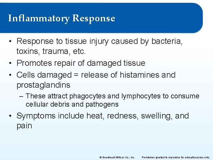 Inflammatory Response • Response to tissue injury caused by bacteria, toxins, trauma, etc. •