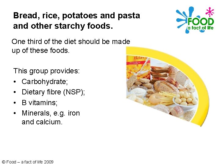 Bread, rice, potatoes and pasta and other starchy foods. One third of the diet Bread, rice, potatoes and pasta and other starchy foods. One third of the diet