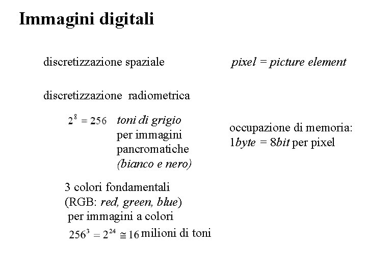 Immagini digitali discretizzazione spaziale pixel = picture element discretizzazione radiometrica toni di grigio per