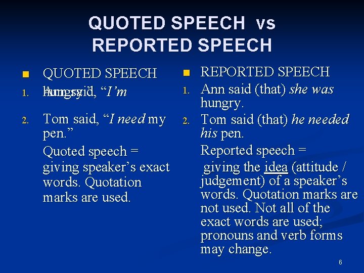 QUOTED SPEECH vs REPORTED SPEECH n 1. 2. QUOTED SPEECH Ann said, “I’m hungry.