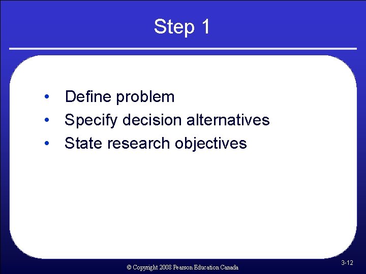 Step 1 • Define problem • Specify decision alternatives • State research objectives © Step 1 • Define problem • Specify decision alternatives • State research objectives ©