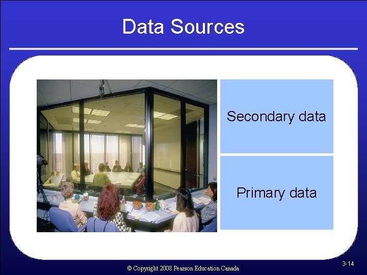 Data Sources Secondary data Primary data © Copyright 2008 Pearson Education Canada 3 -14 Data Sources Secondary data Primary data © Copyright 2008 Pearson Education Canada 3 -14