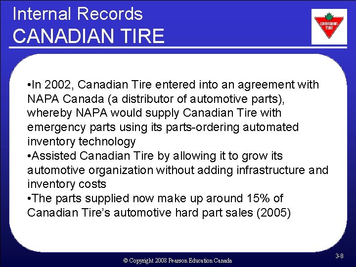 Internal Records CANADIAN TIRE • In 2002, Canadian Tire entered into an agreement with Internal Records CANADIAN TIRE • In 2002, Canadian Tire entered into an agreement with