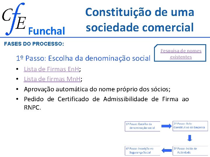 Funchal Constituição de uma sociedade comercial FASES DO PROCESSO: 1º Passo: Escolha da denominação