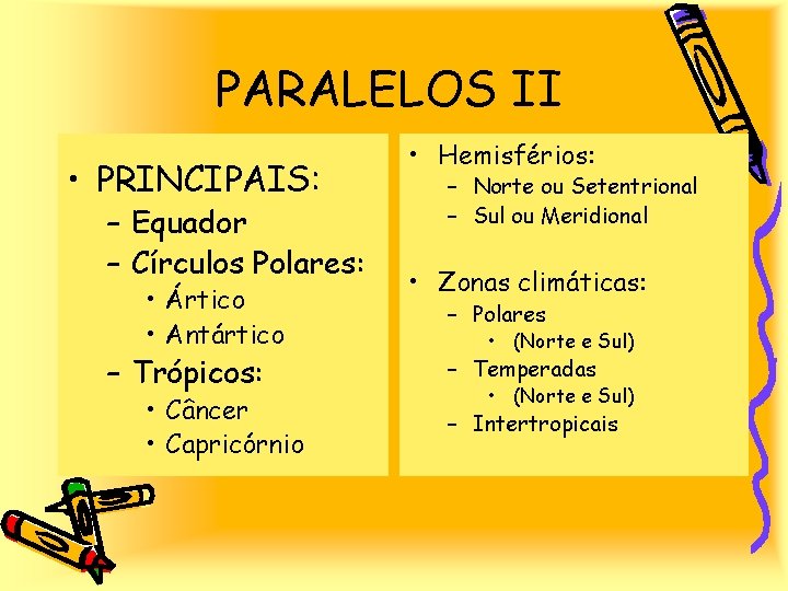 PARALELOS II • PRINCIPAIS: – Equador – Círculos Polares: • Ártico • Antártico –