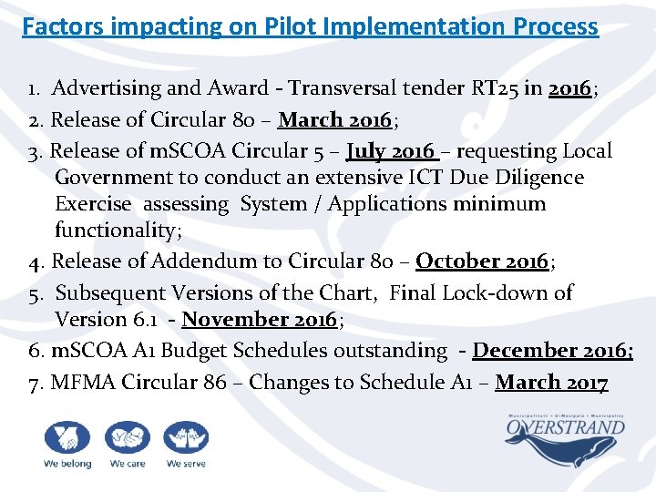 Factors impacting on Pilot Implementation Process 1. Advertising and Award - Transversal tender RT