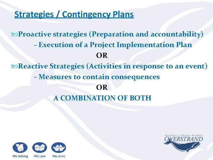 Strategies / Contingency Plans Proactive strategies (Preparation and accountability) - Execution of a Project