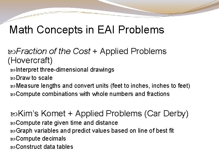 Math Concepts in EAI Problems Fraction of the Cost + Applied Problems (Hovercraft) Interpret Math Concepts in EAI Problems Fraction of the Cost + Applied Problems (Hovercraft) Interpret