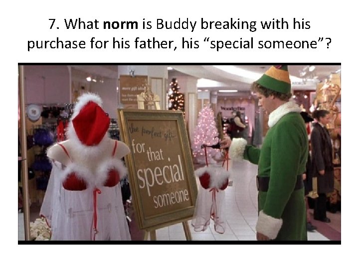 7. What norm is Buddy breaking with his purchase for his father, his “special