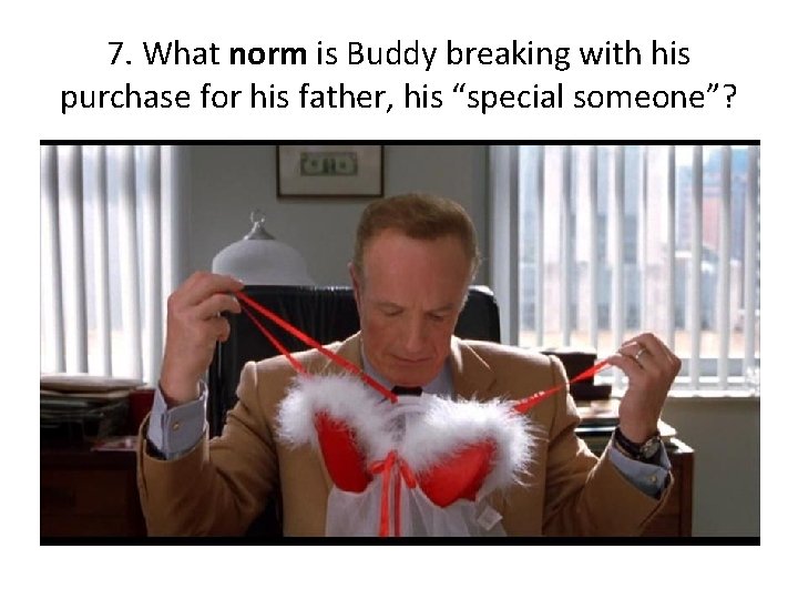 7. What norm is Buddy breaking with his purchase for his father, his “special