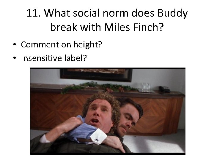 11. What social norm does Buddy break with Miles Finch? • Comment on height?