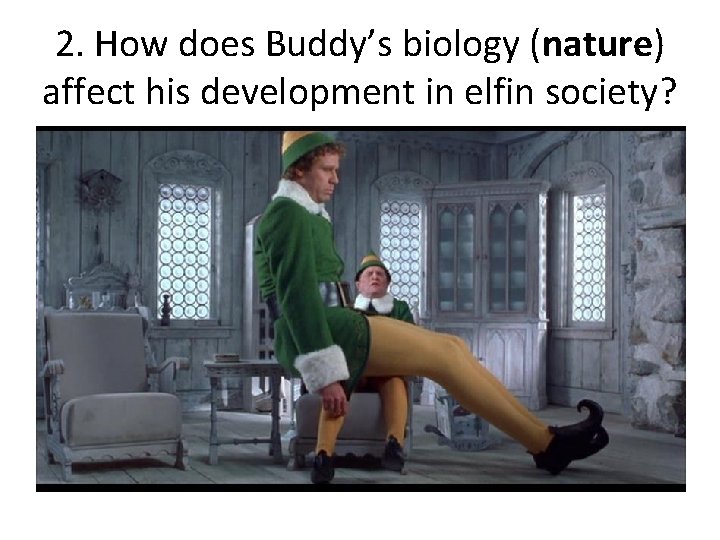 2. How does Buddy’s biology (nature) affect his development in elfin society? 