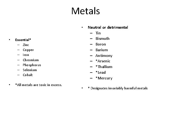 Metals • Essential* – Zinc – Copper – Iron – Chromium – Phosphorus –