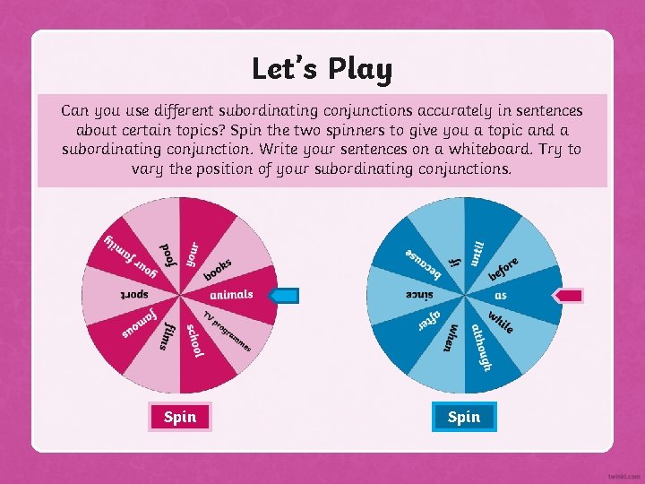 Let’s Play Can you use different subordinating conjunctions accurately in sentences about certain topics?