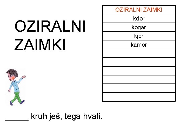 OZIRALNI ZAIMKI _____ kruh ješ, tega hvali. kdor kogar kjer kamor OZIRALNI ZAIMKI _____ kruh ješ, tega hvali. kdor kogar kjer kamor