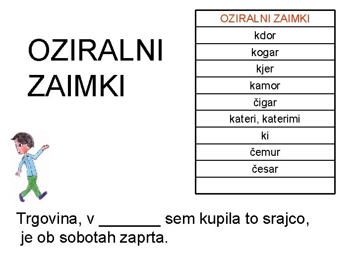 OZIRALNI ZAIMKI kdor kogar kjer kamor čigar kateri, katerimi ki čemur česar Trgovina, v OZIRALNI ZAIMKI kdor kogar kjer kamor čigar kateri, katerimi ki čemur česar Trgovina, v